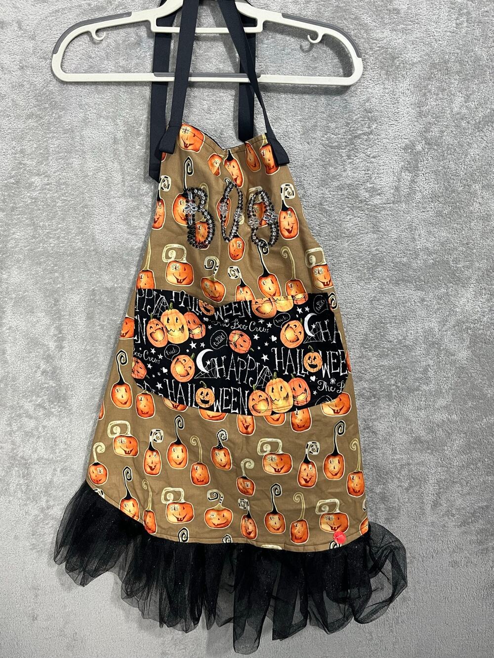 Halloween Bib Apron Handmade One Size Rhinestone BOO Black Tulle Pumpkins